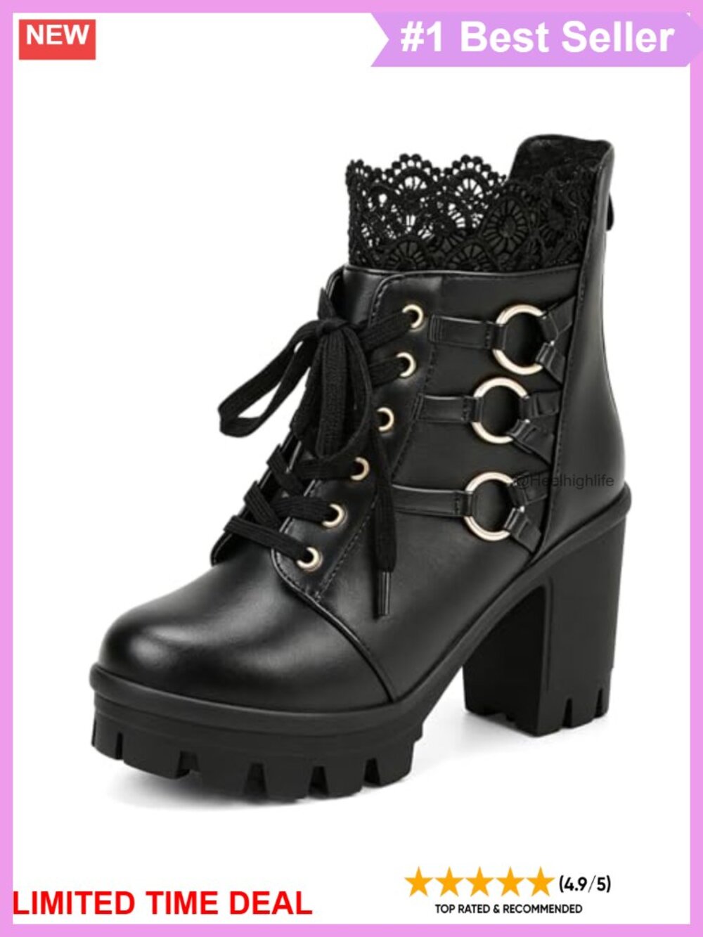 Goth Platform Heel Combat Boots PU Leather Lace Up Studded Ankle Booties